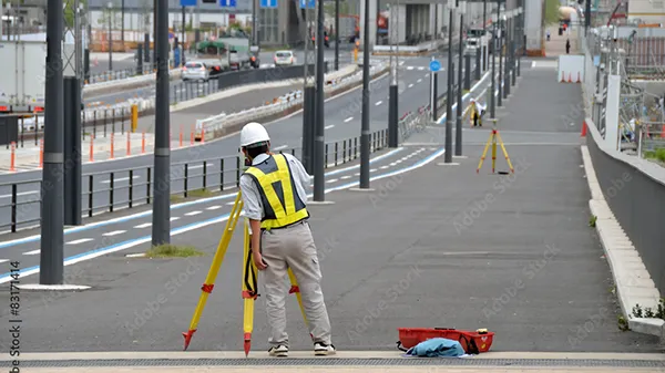 道路工事現場で3D測量を行う作業員と測量機器